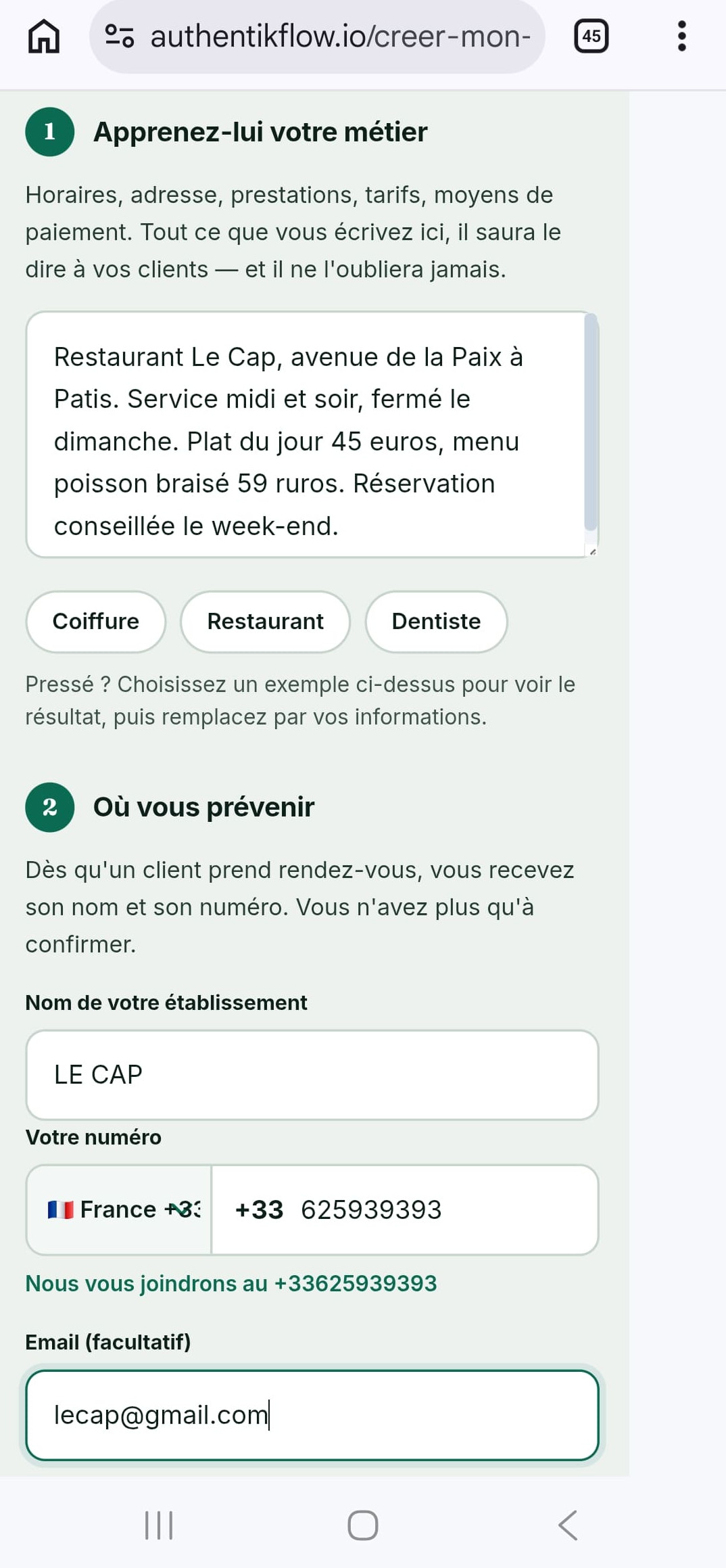 Formulaire de création rempli pour un restaurant