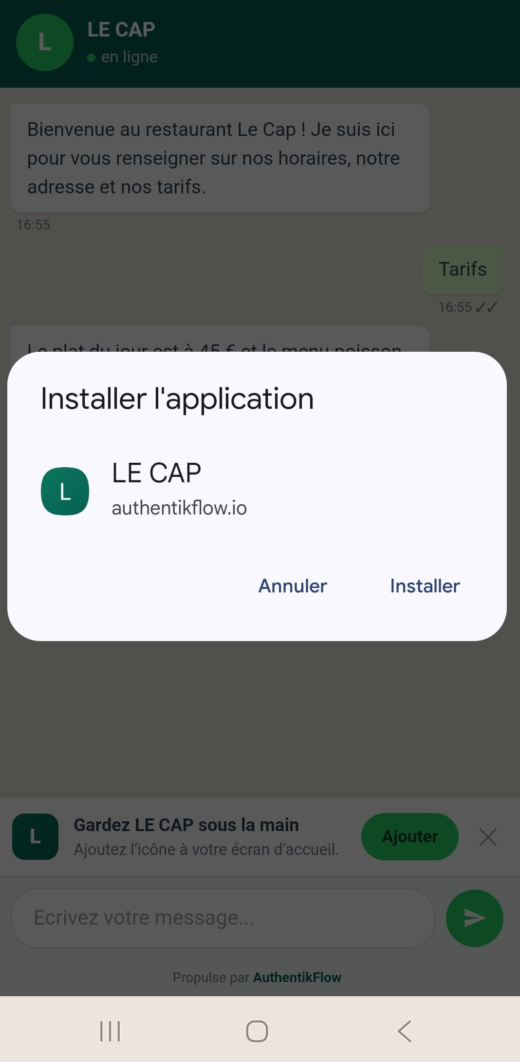 Boîte de dialogue Android proposant d’installer l’application